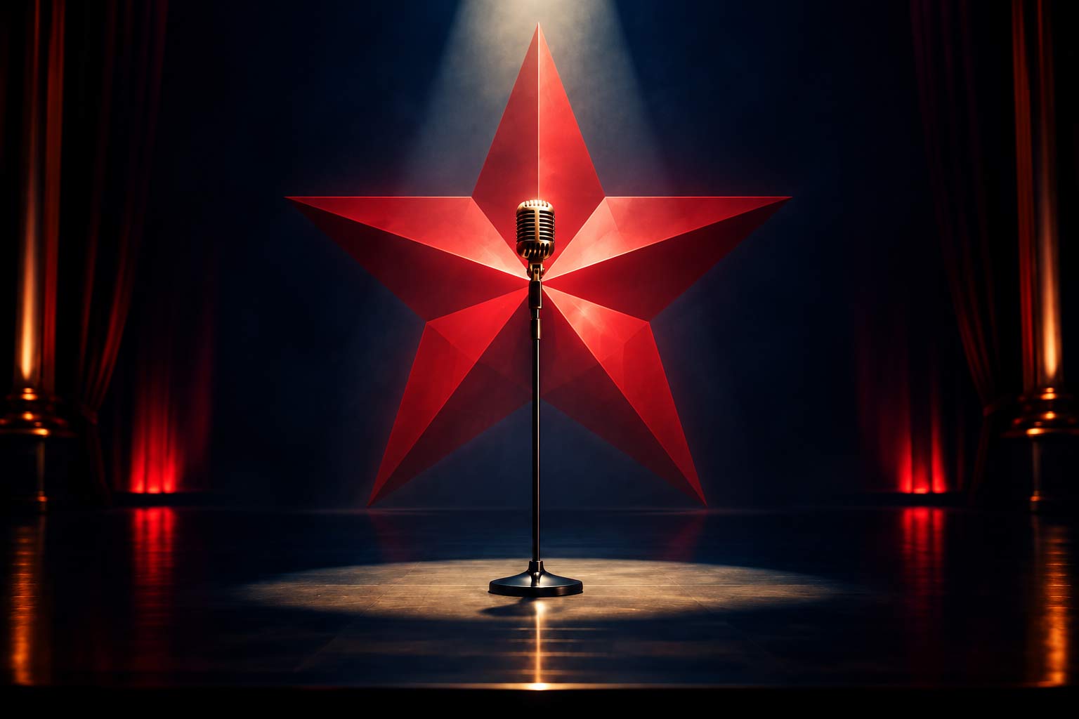 A vintage microphone on a stand before a large red star on a spotlighted stage