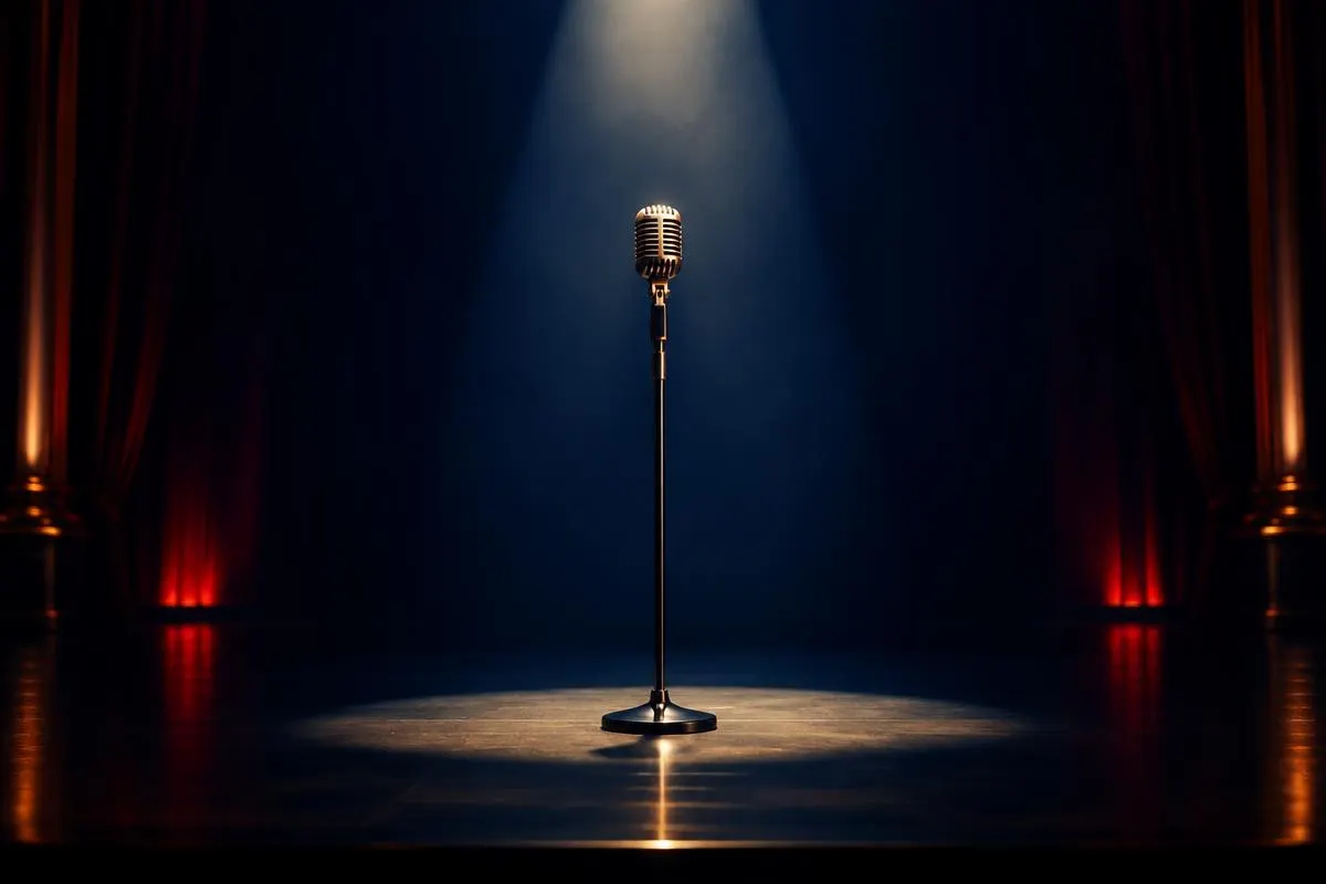 A vintage microphone under a single spotlight on a dark stage