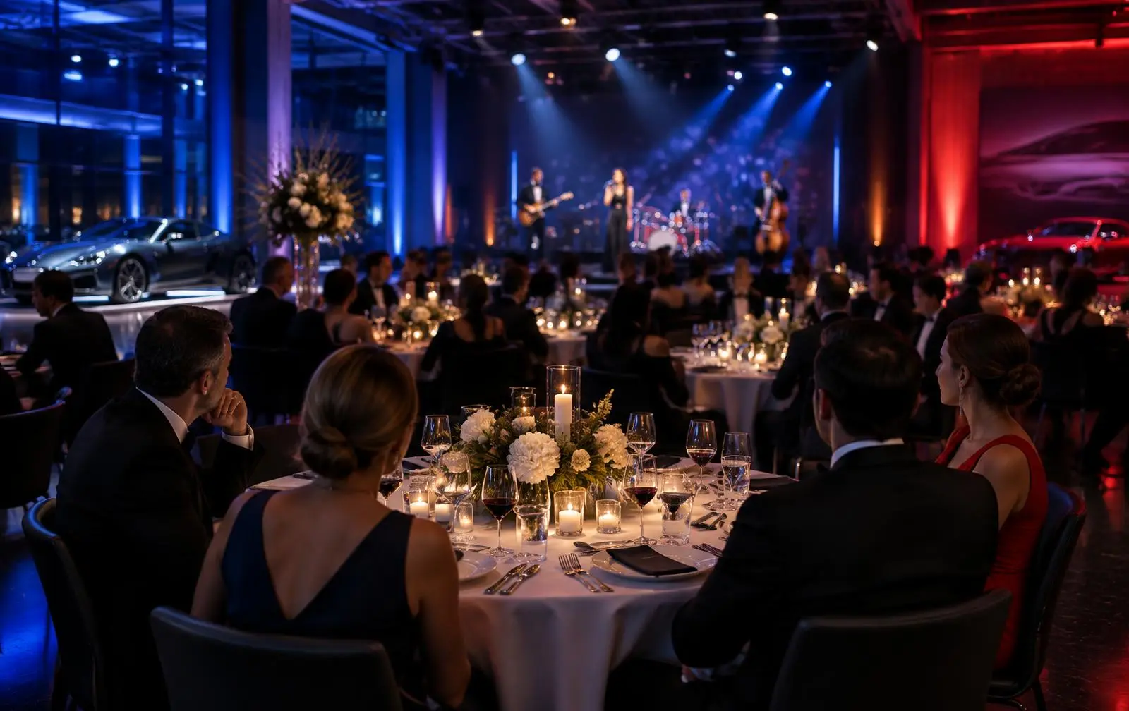 Guests in black tie at candlelit dinner tables