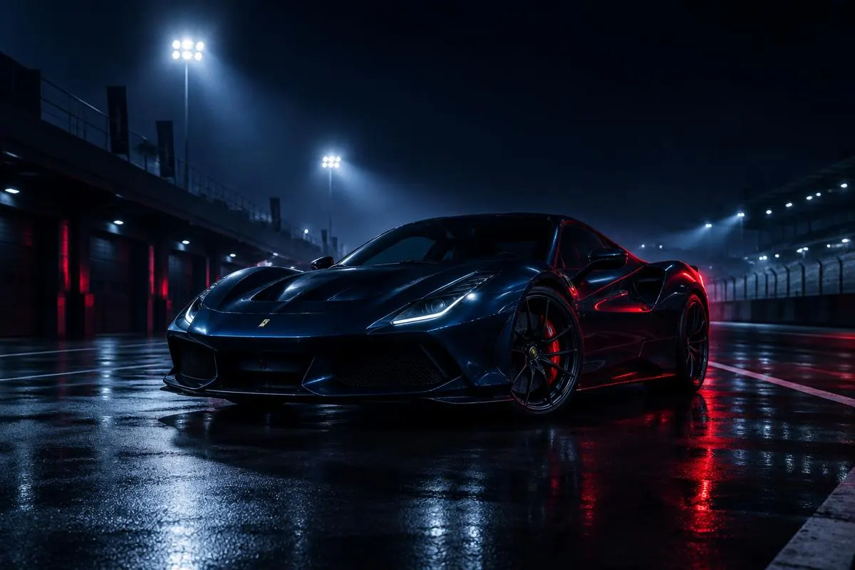 A sports car on a racetrack at night under floodlights