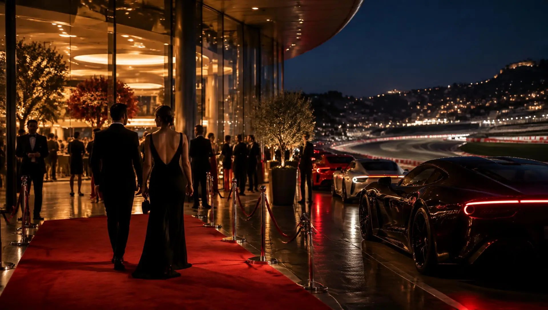 Guests in black tie arriving on a red carpet beside luxury sports cars at a racetrack venue at night