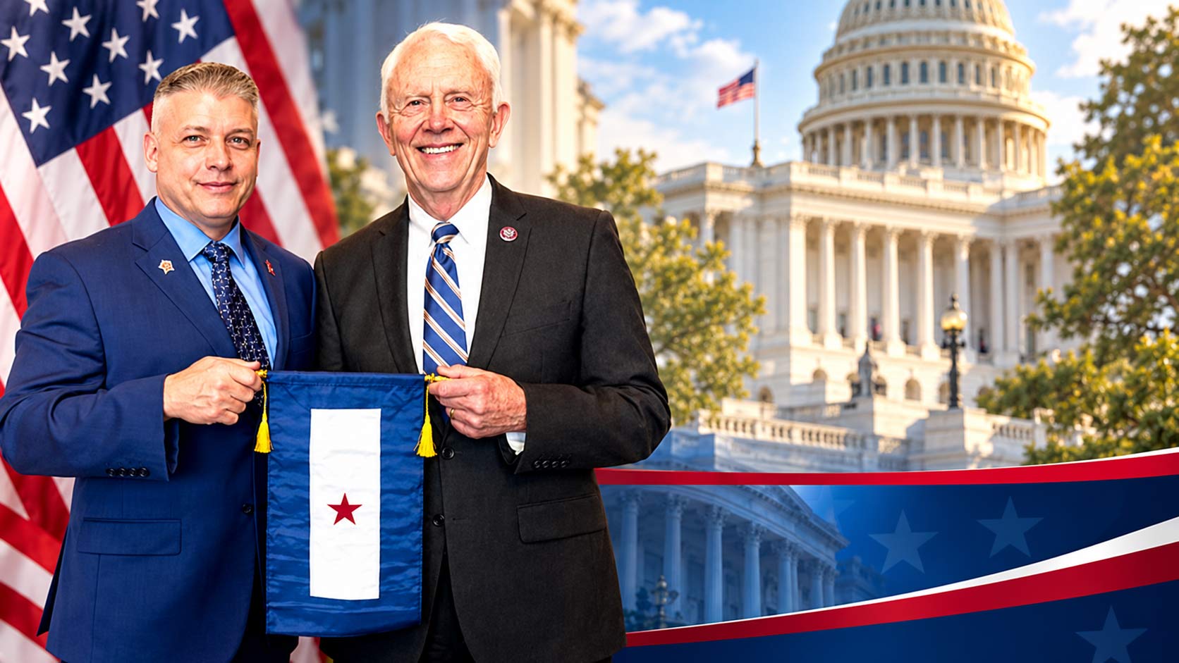 Two men hold a Red Star Service Banner in front of the U.S. Capitol as the Red Star Service Banner Act, H.R. 7815, gains bipartisan support in Congress