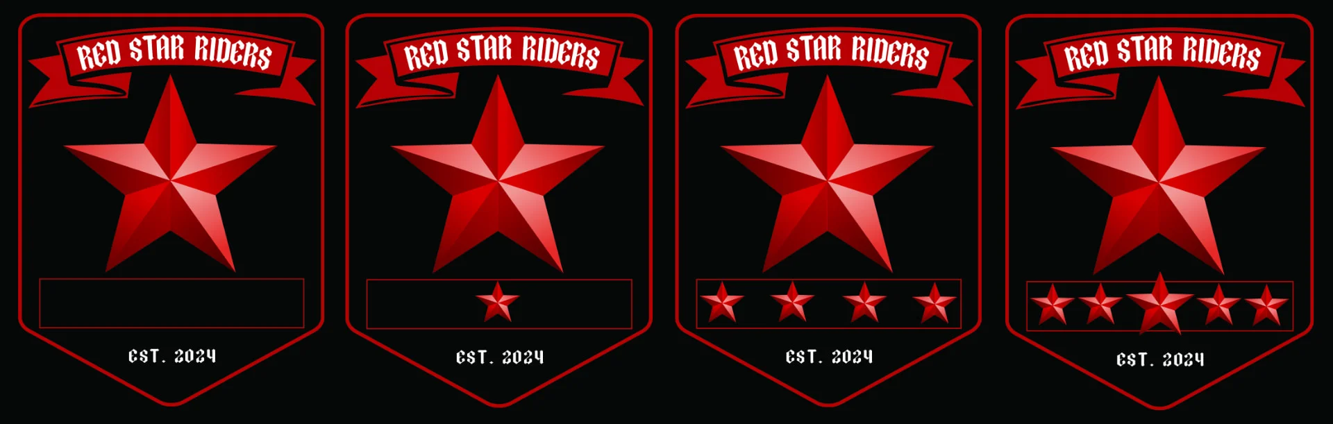 Four Red Star Riders patches showing how devices are earned: the plain patch, one small red star, four small red stars, and four small stars with a large red star in the center