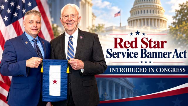 Congressman Jack Bergman and a Red Star Foundation representative holding a Red Star Service Banner beside a graphic announcing the Banner Act's introduction in Congress